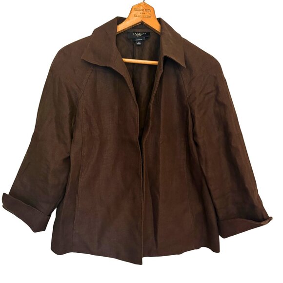 TALBOTS Resort Wear 100% Pure Irish Linen Open Front Blazer Jacket Brown Petite - Picture 1 of 6